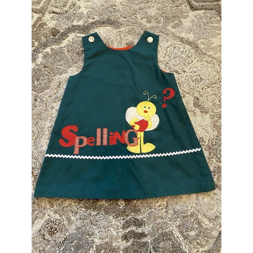 VTG Choc Soup Girls 2T Spelling Green School Bee Jumper Prairie Cottage Core