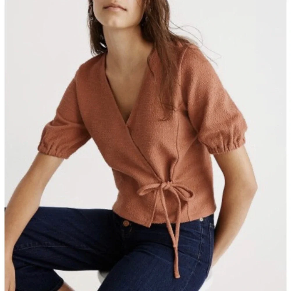 Madewell Texture & Thread Terracotta Cotton Wrap Top Puff Sleeve XS