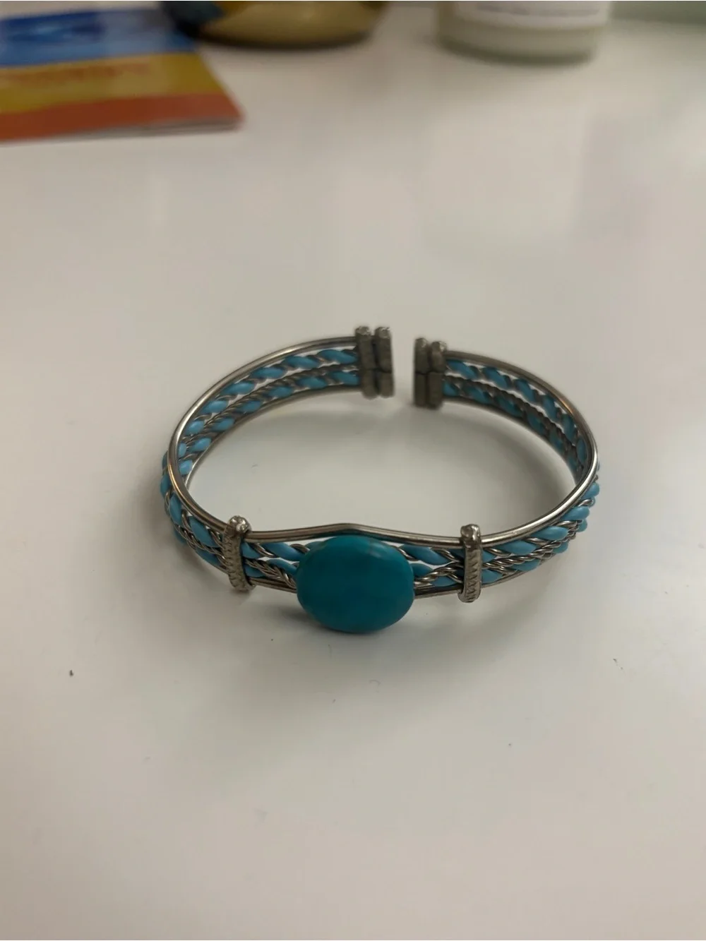 Turquoise Stone Silver-Tone Cuff Bracelet - Women Jewelry