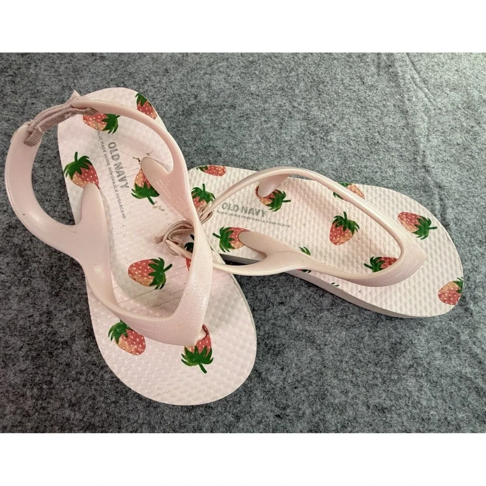 Toddler Girls Strawberry Print Flip Flops‎ Pink Elastic Back Strap Size 6