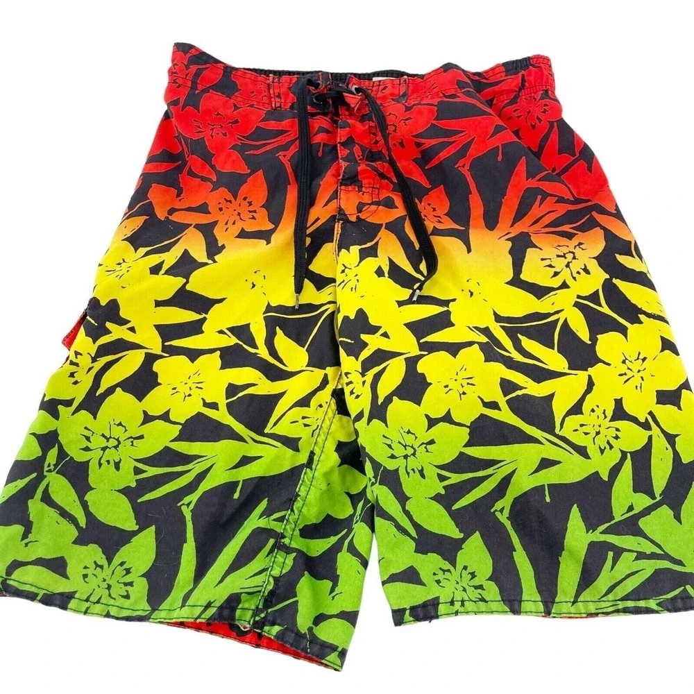 Hang 10 Hawaiian Floral‎ Gradient Mens Board Shorts Medium Surf Colorful Rainbow