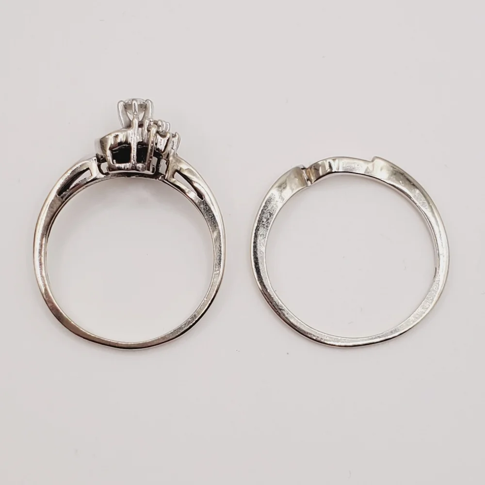 10k Solid White Gold Genuine Round & Baguette Diamond Heart Wedding Ring Set