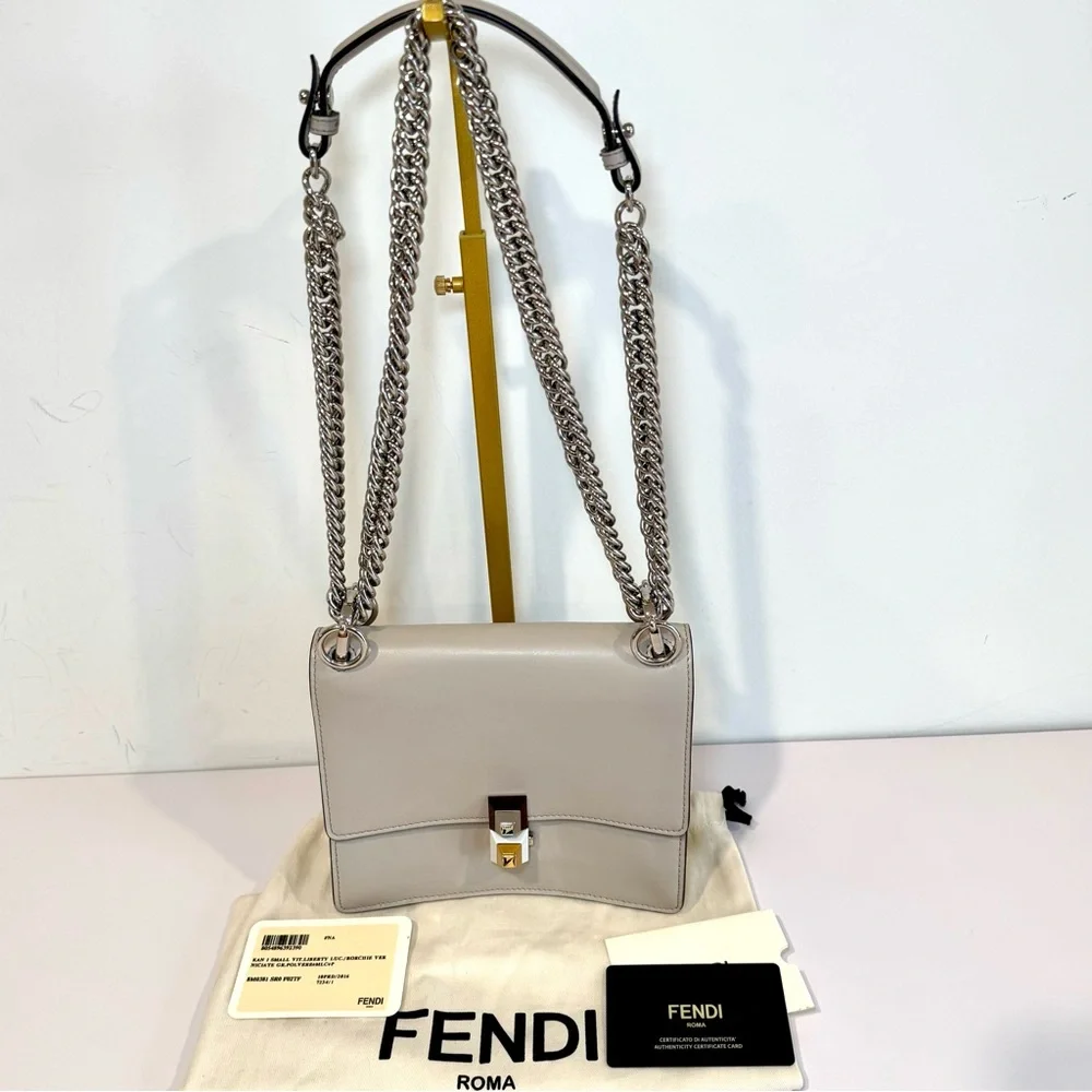 Fendi Kan I Small Shoulder Bag In Neutral Grey Leather W Silver Chain Strap