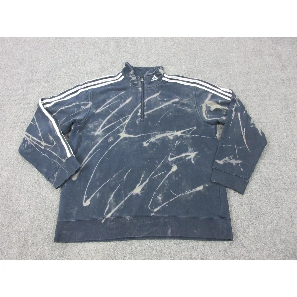 Adidas Sweatshirt Mens Large Blue 1/4 Zip Mock Neck Fleece Pullover Bleach Dye