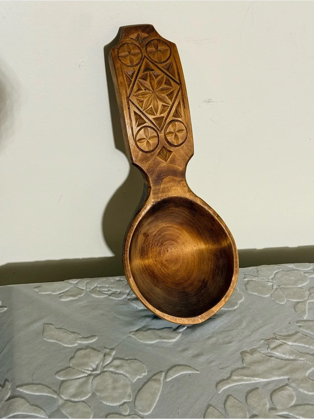 Hand-Carved Wooden Celtic Serving Spoon Ladle in Warm Brown for Decor