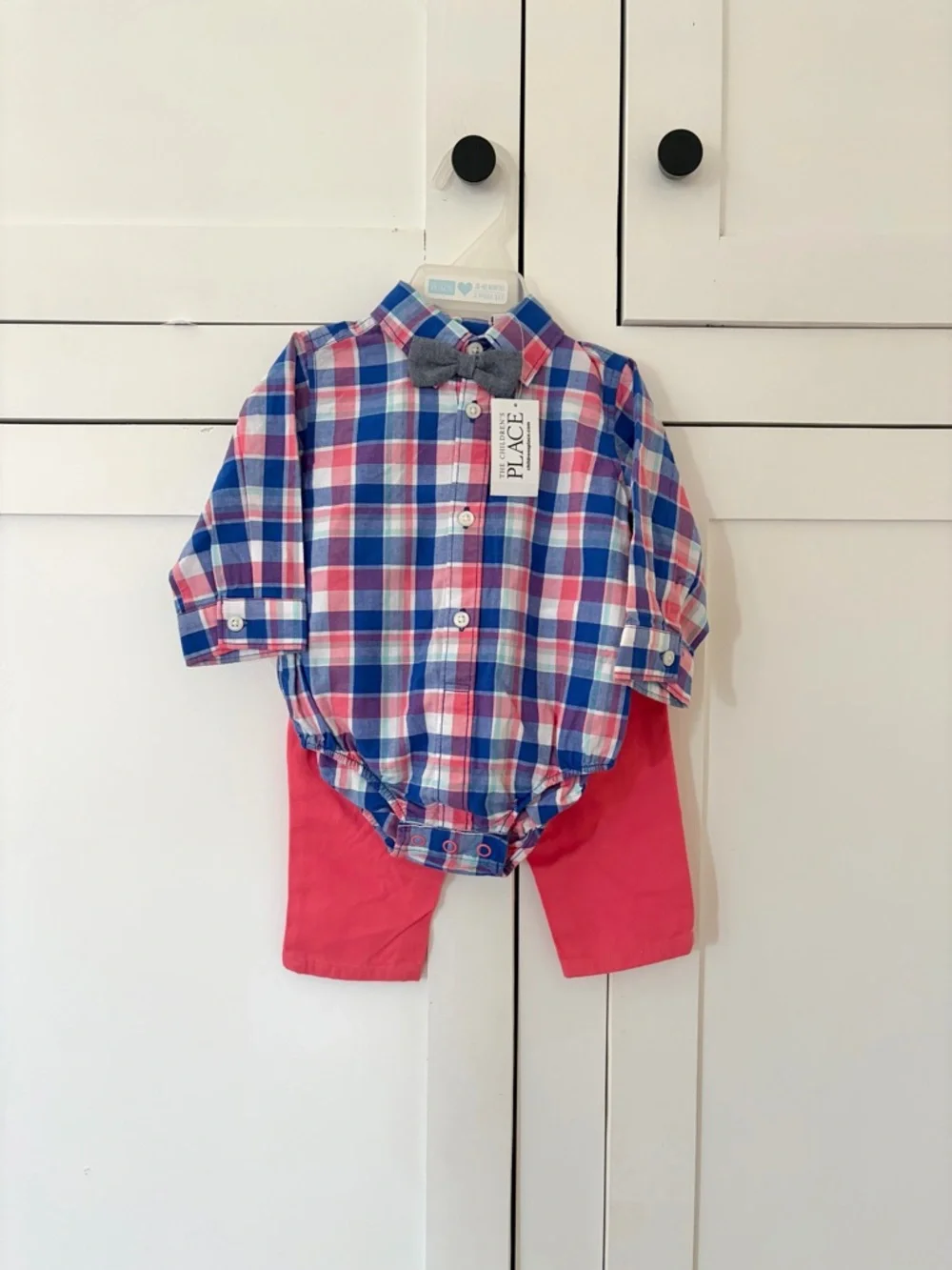 The Children's Place Pink & Blue Plaid Button-Front Baby Bodysuit with Bow 3-6M
