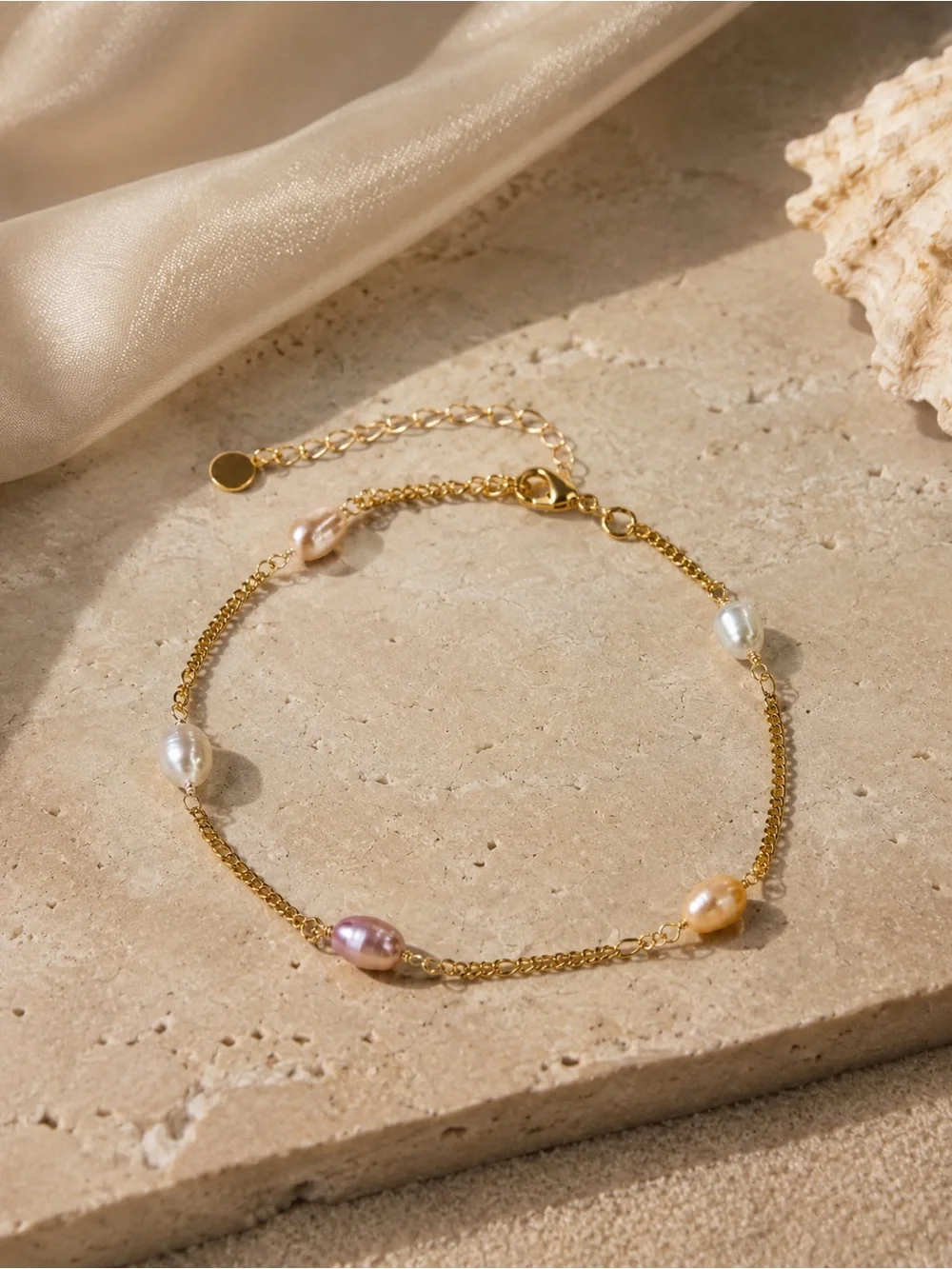 18K Gold Freshwater Pearl Stations Ankle Bracelet - Multicolor