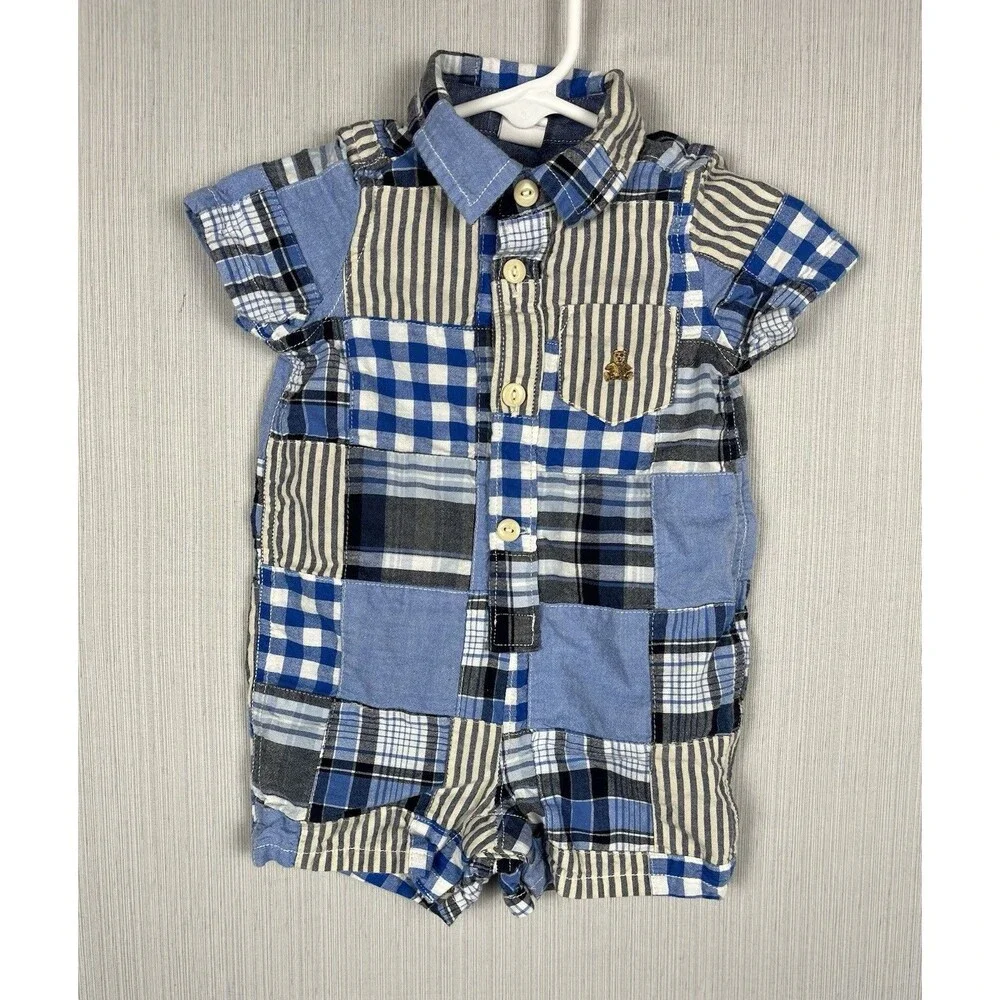 babyGap Romper‎ 3-6M Blue Patchwork Plaid Collar Romper One Piece Preppy Classic