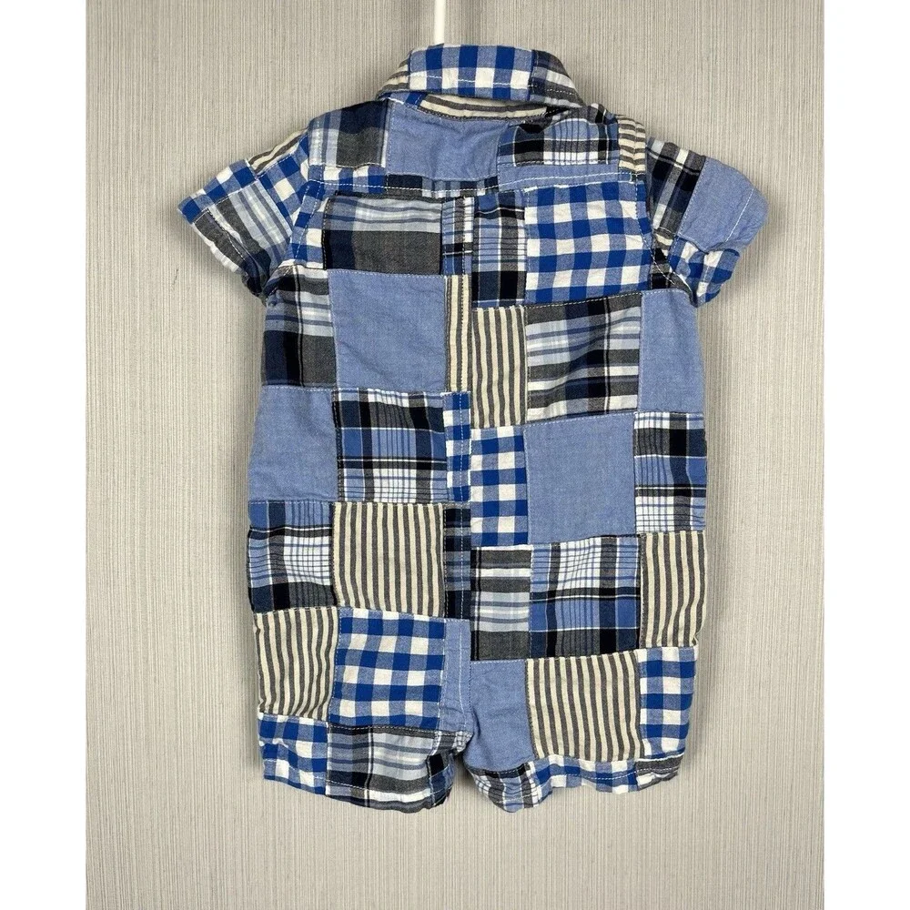babyGap Romper‎ 3-6M Blue Patchwork Plaid Collar Romper One Piece Preppy Classic