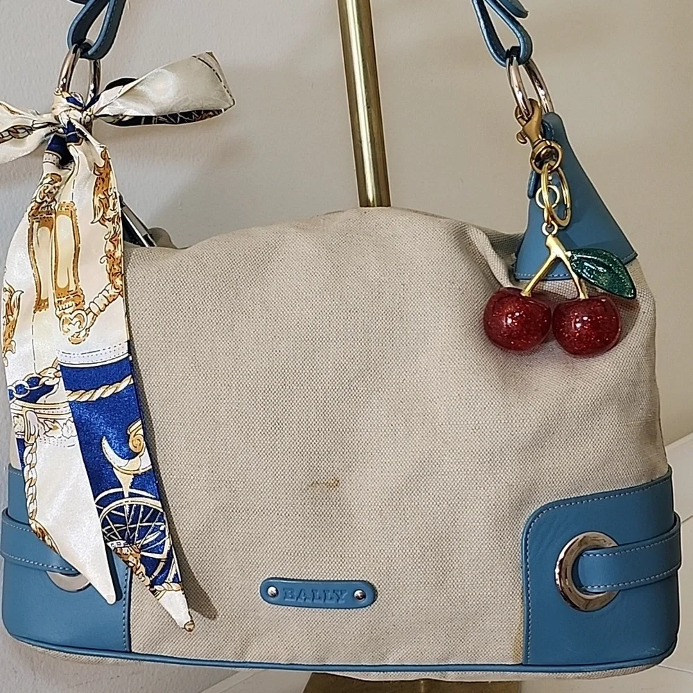 Bally Blue and Cream Canvas/ Leather Hobo Shoulder Bag