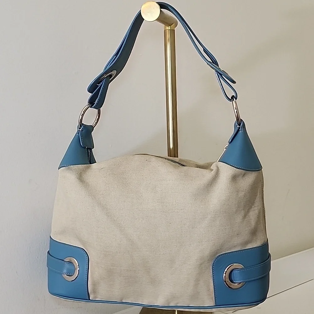 Bally Blue and Cream Canvas/ Leather Hobo Shoulder Bag
