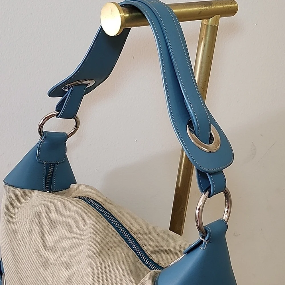 Bally Blue and Cream Canvas/ Leather Hobo Shoulder Bag