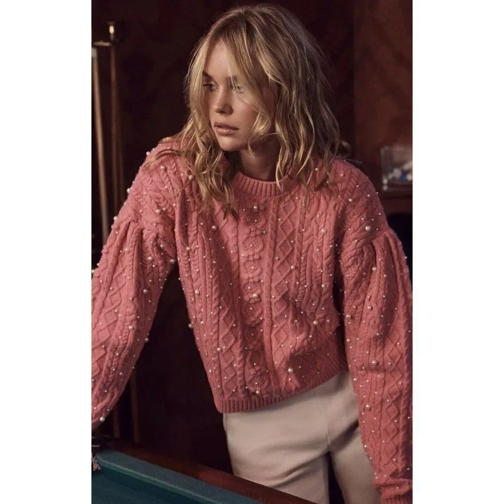NWT SOMETHING NAVY Sz XS SHELBY PEARL CABLE KNIT SWEATER IN BUBBLEGUM PINK