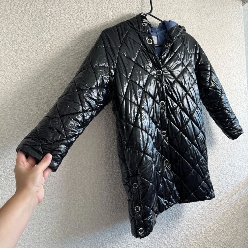 Zara Diamond Quilted Shiny Black Hooded Puffer Long Jacket Winter Coat Size 9‎