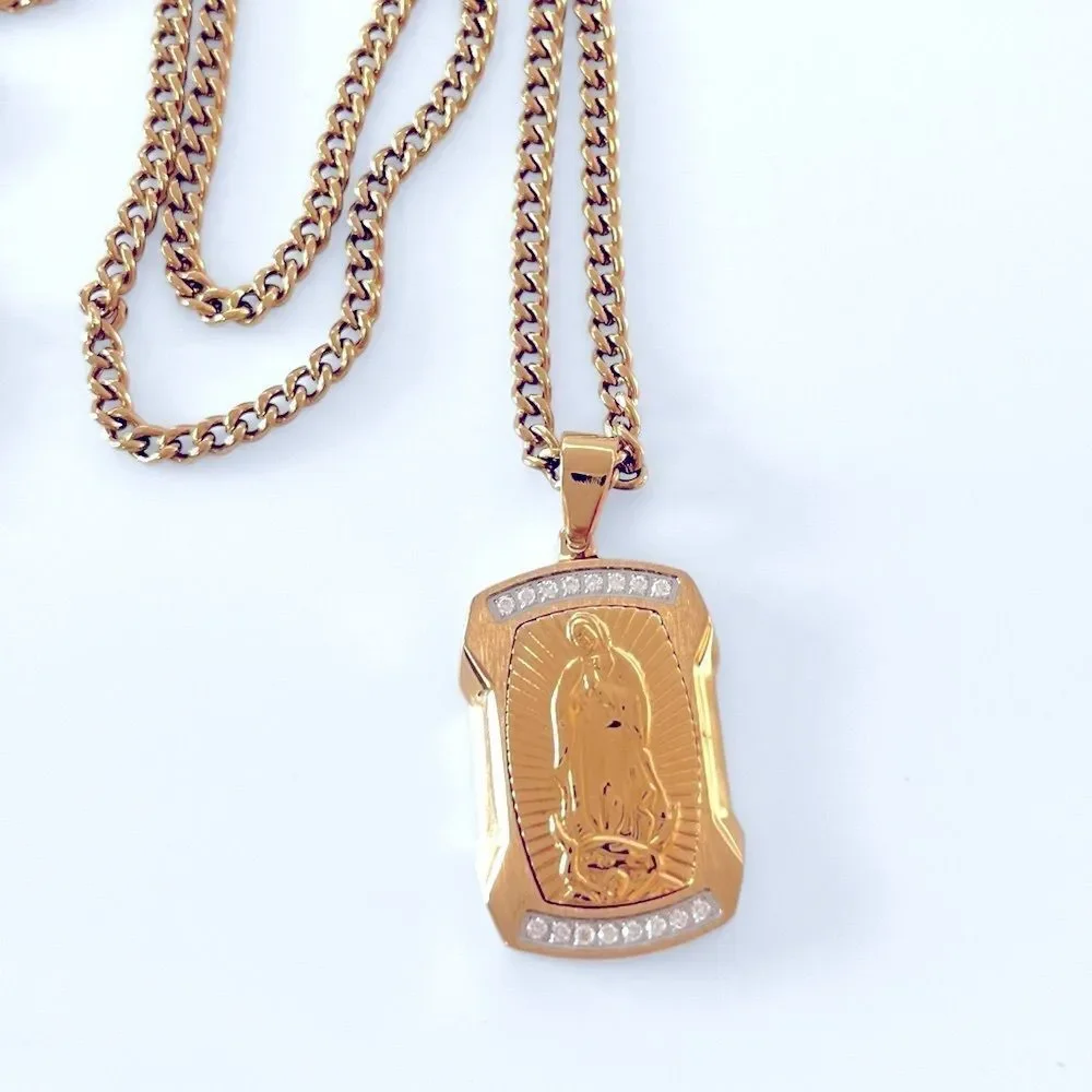 Our Lady Of Guadalupe White Diamond Stainless Steel Dog Tag Pendant Necklace