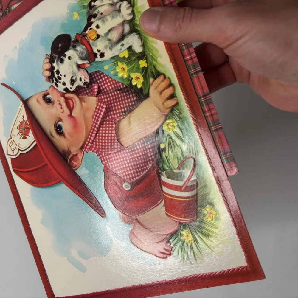 VTG Large MCM Greeting Cards Baby Boy Fireman Dog Scottish Hat Ephemera USA