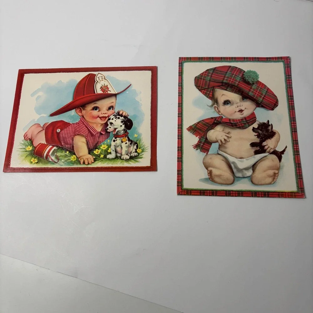 VTG Large MCM Greeting Cards Baby Boy Fireman Dog Scottish Hat Ephemera USA