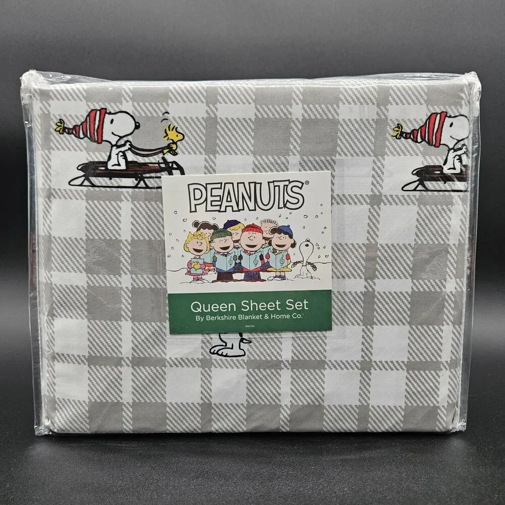 Berkshire Peanuts Snoopy Woodstock Christmas Holiday Queen Sheet Set Plaid‎ Gray