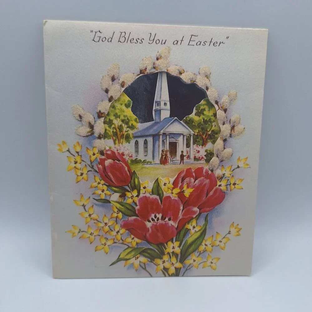 Vintage Easter Card God‎ Bless You Tulip Church Design Religious Note Personal
