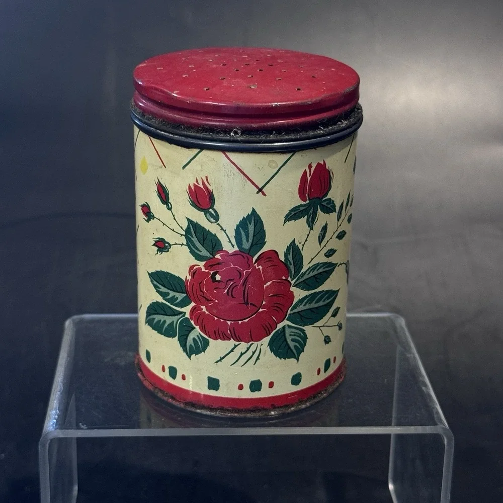 Vintage 40s‎ Tin Pepper Shaker Single Red Rose Lithograph Red Lid Slight Rust