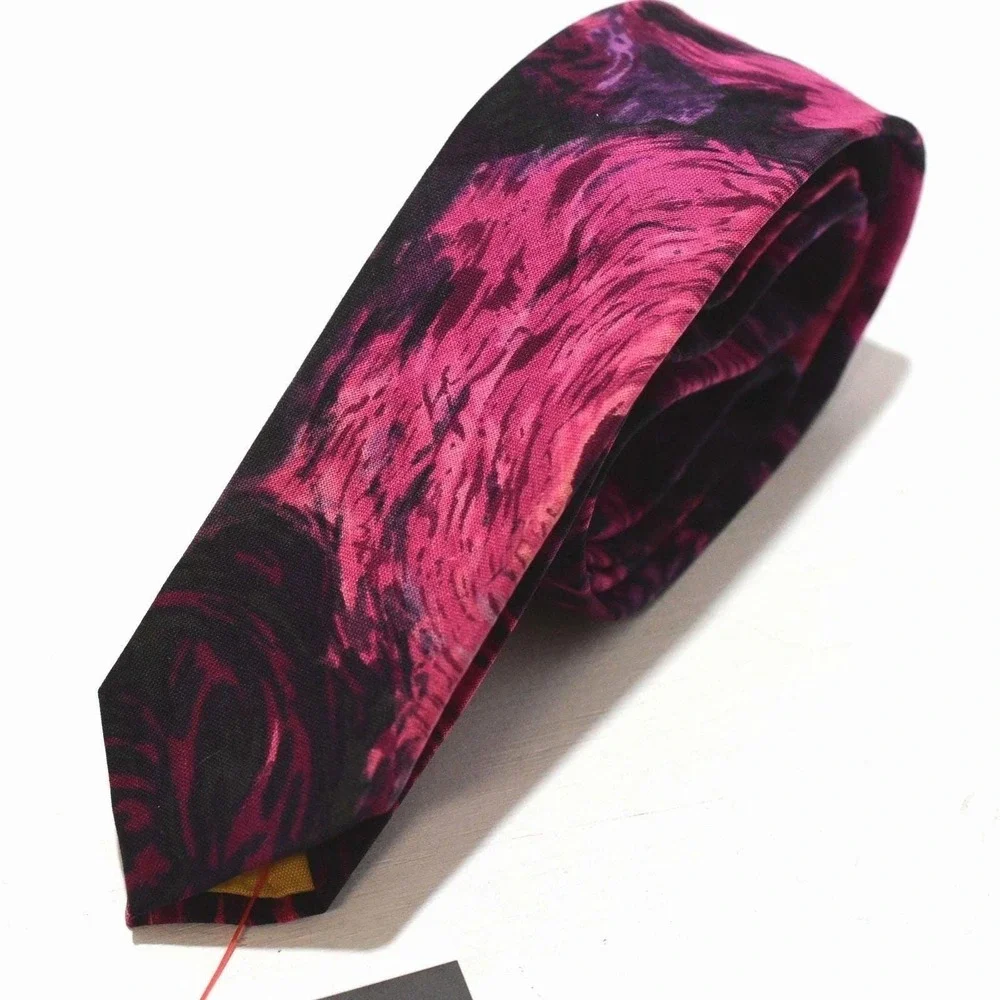 60s Vintage Skinny Tie 100% Cotton Pink Purple Black Psychedelic Rose Print