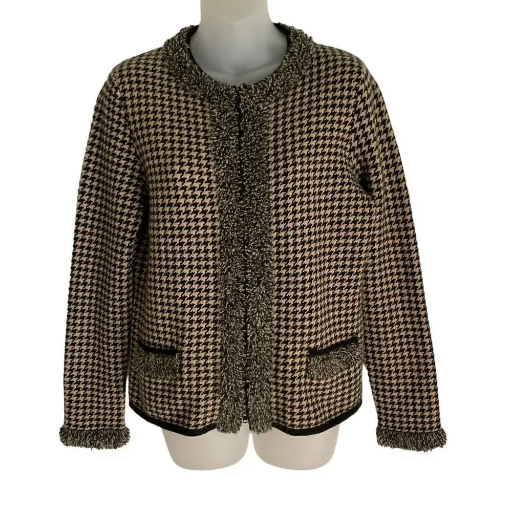 Belford Cardigan Cashmere Black Tan Houndstooth Loop Fringe Trim Zip Front Large