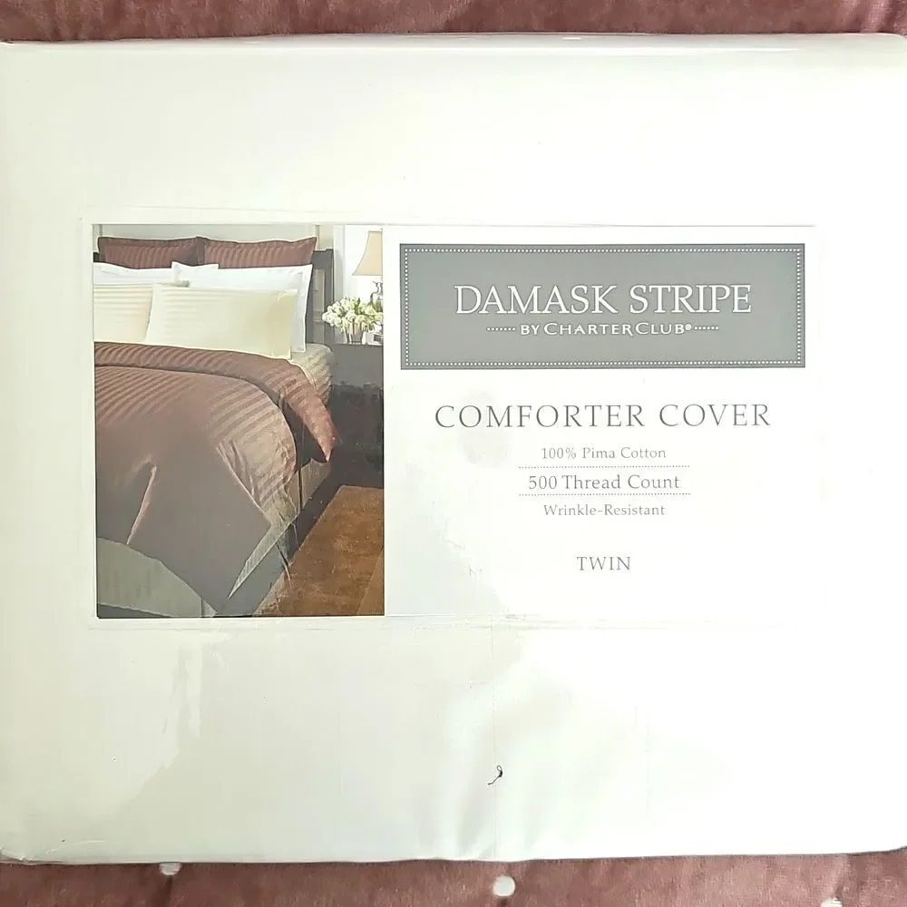 NWT Damask Stripe By Charter Club Comforter Cover, White, Size Twin