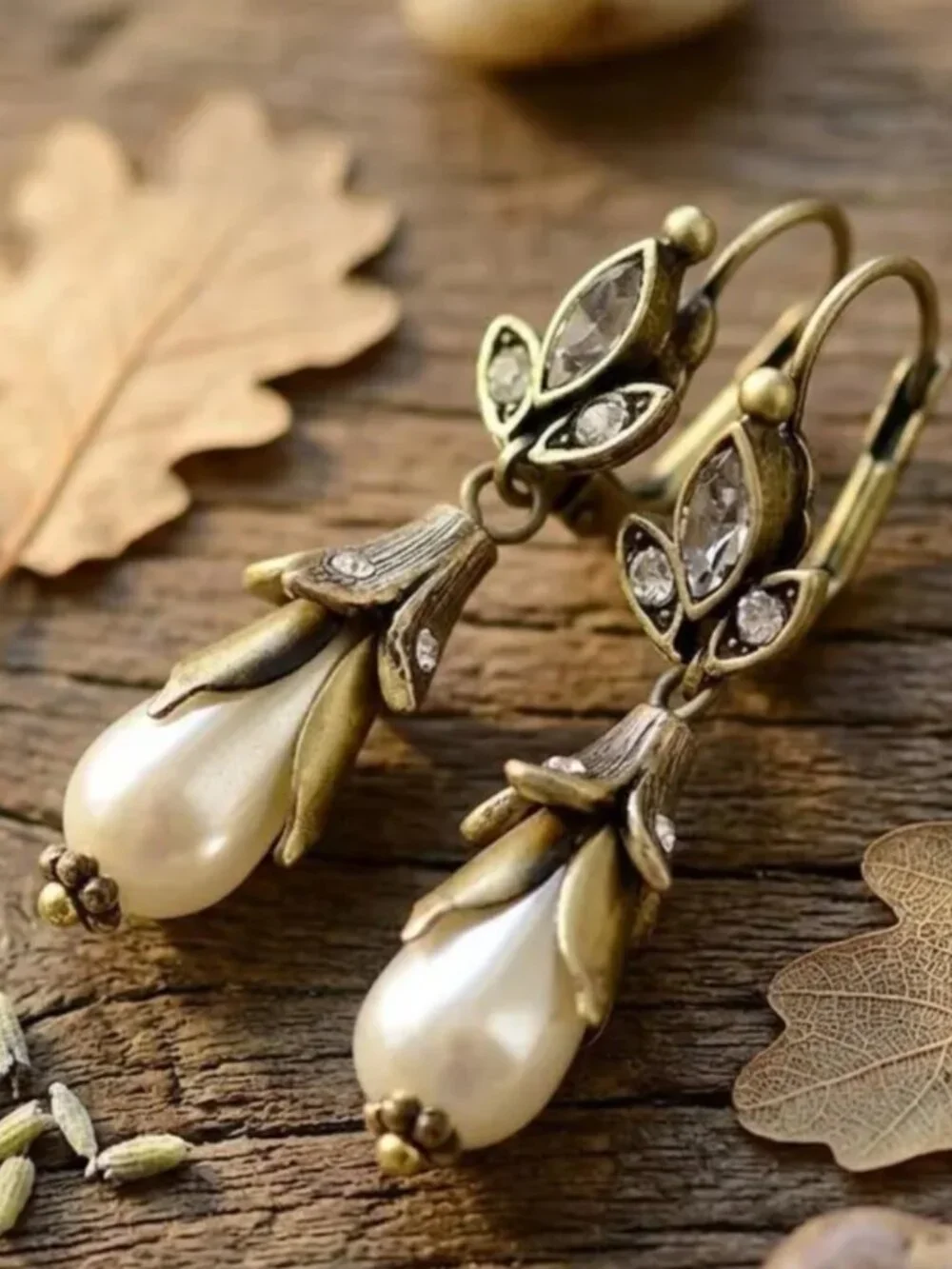 Victorian Drop Earrings Floral Lily Pearl Pendant Leaf Bronze Antiqued Metal