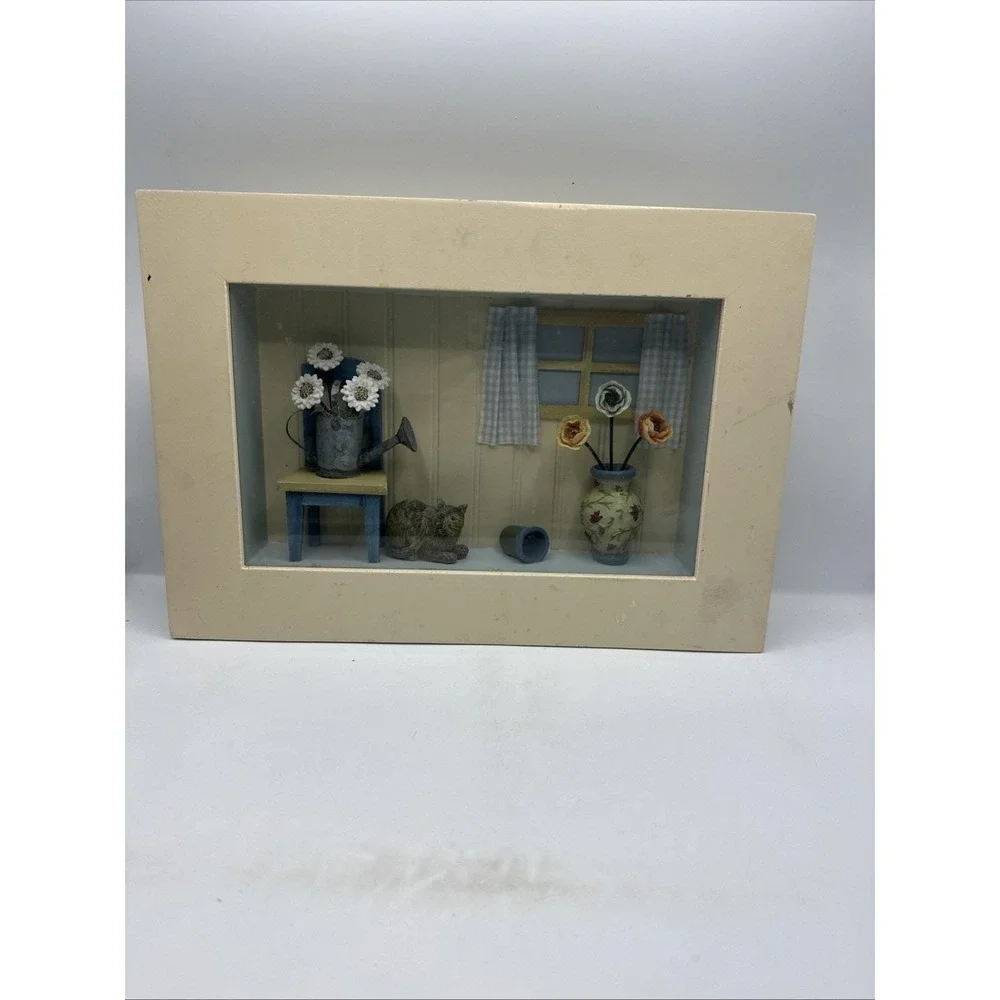 Wood And Glass Shadow Box Cozy Cat Table And Flowers 15-3/4