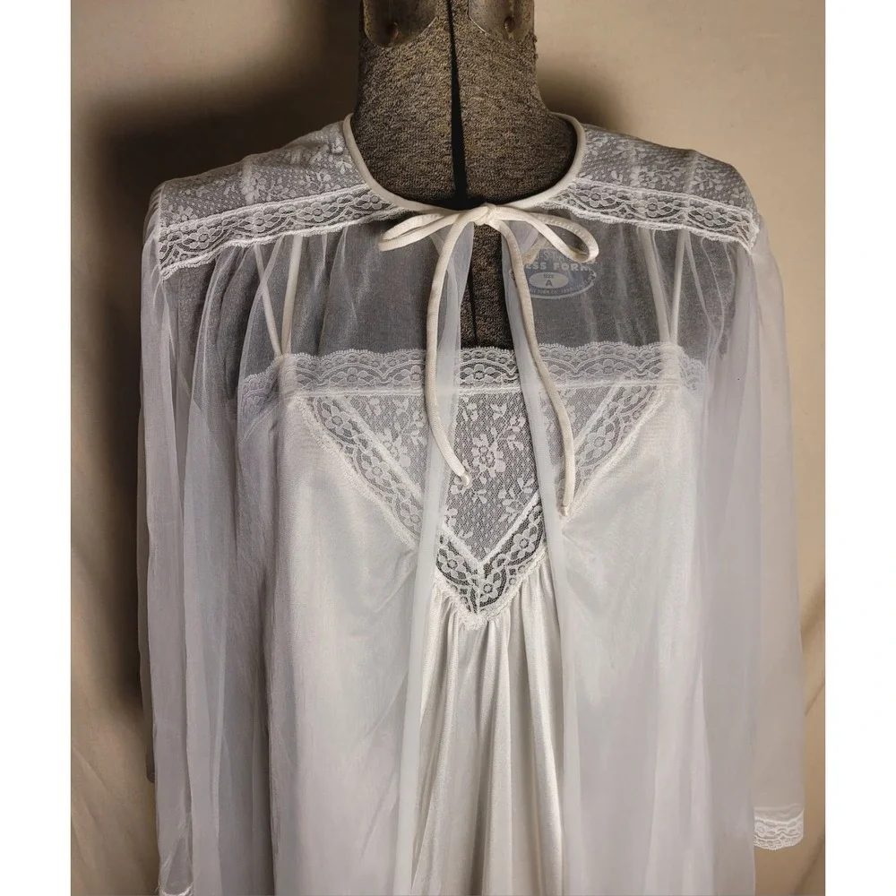 Vintage 60s‎ 70s Peignoir Nightgown Set Bed Coat White Bridal Slip M Gilead