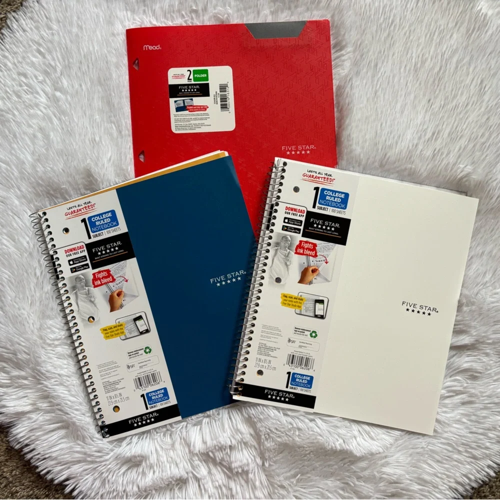Five Star College‎ Ruled 1 Subject Notebooks Set of 2 & 1 Five Star Folder New