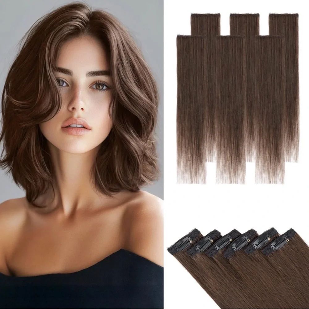 100% Real Human Hair Extensions - 6 Clip-In Hairpieces - 10