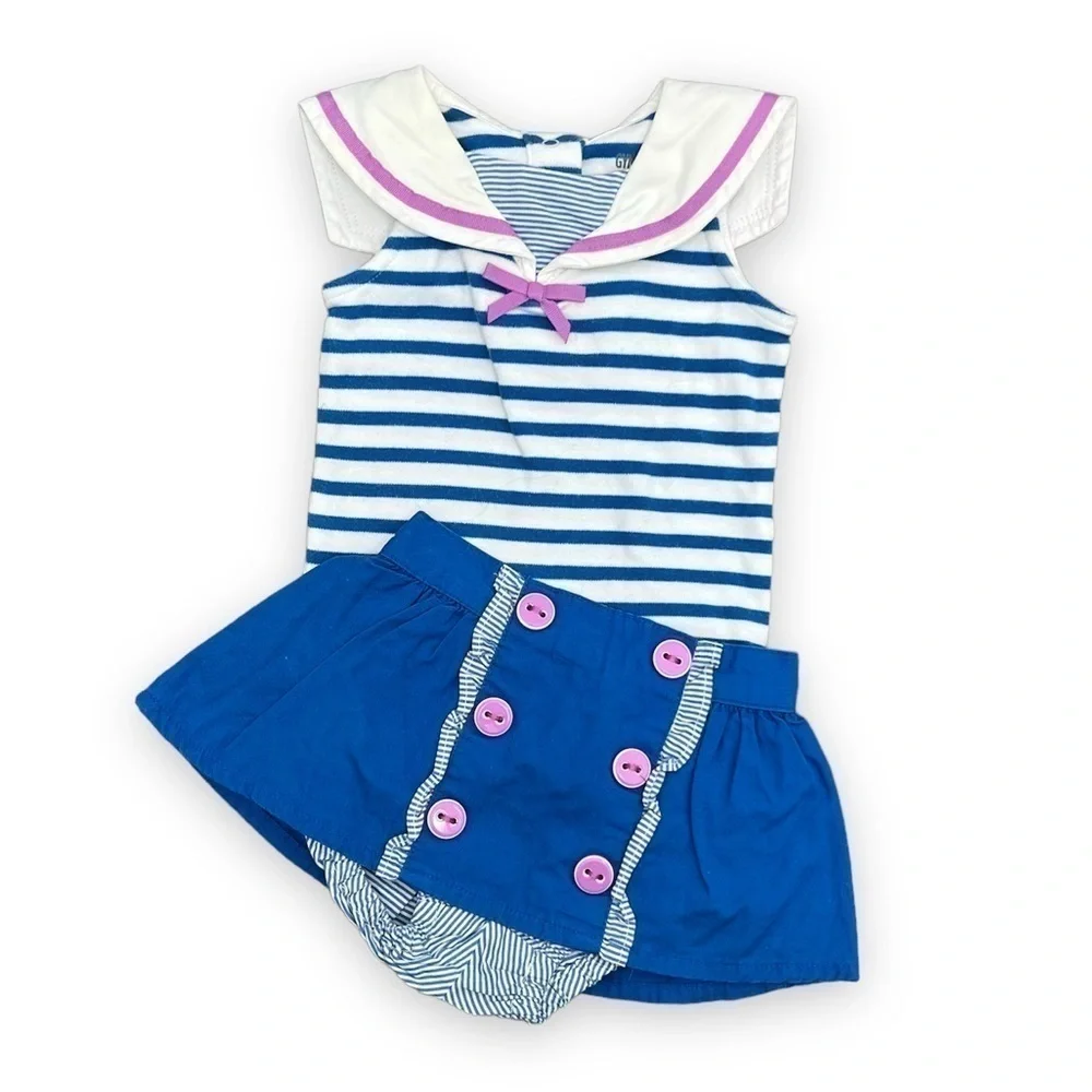 Gymboree Hippos And Bows Striped Sailor Top Blue Skirted Bloomers‎ 0-3 mo.