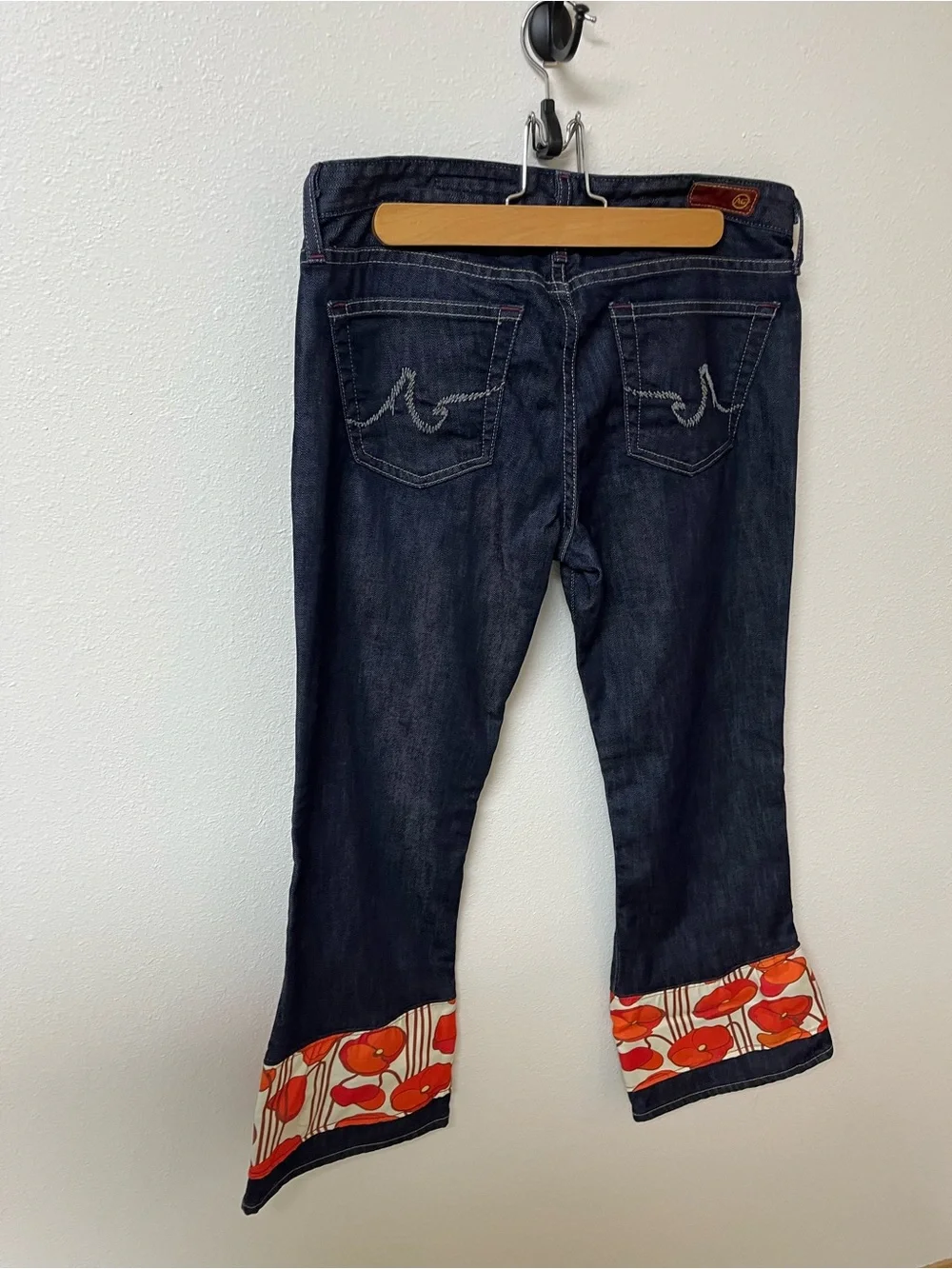 AG Adriano Goldschmied the Angel Dark Blue Jeans with Red Floral Cuffs, 28R
