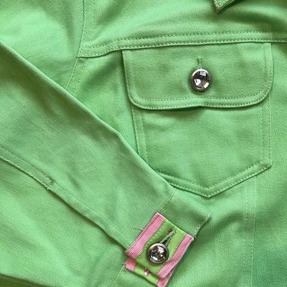 QUACKER FACTORY Green Jacket sz 1X Grosgrain Ribbon Pink Whale Trim Resortwear