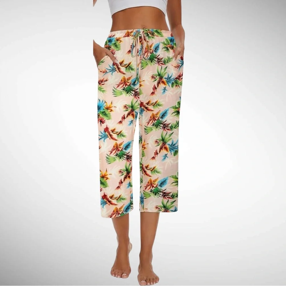 NWT Kabento Tropical Print Capri-Length Wide Leg Pajama Pants Drawstring…