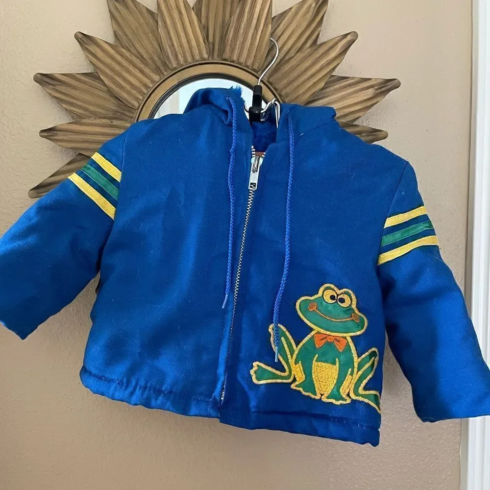 Kids Vintage 80’s Embroidered Frog Blue Hooded Fur lined Zip up Coat 12 mths