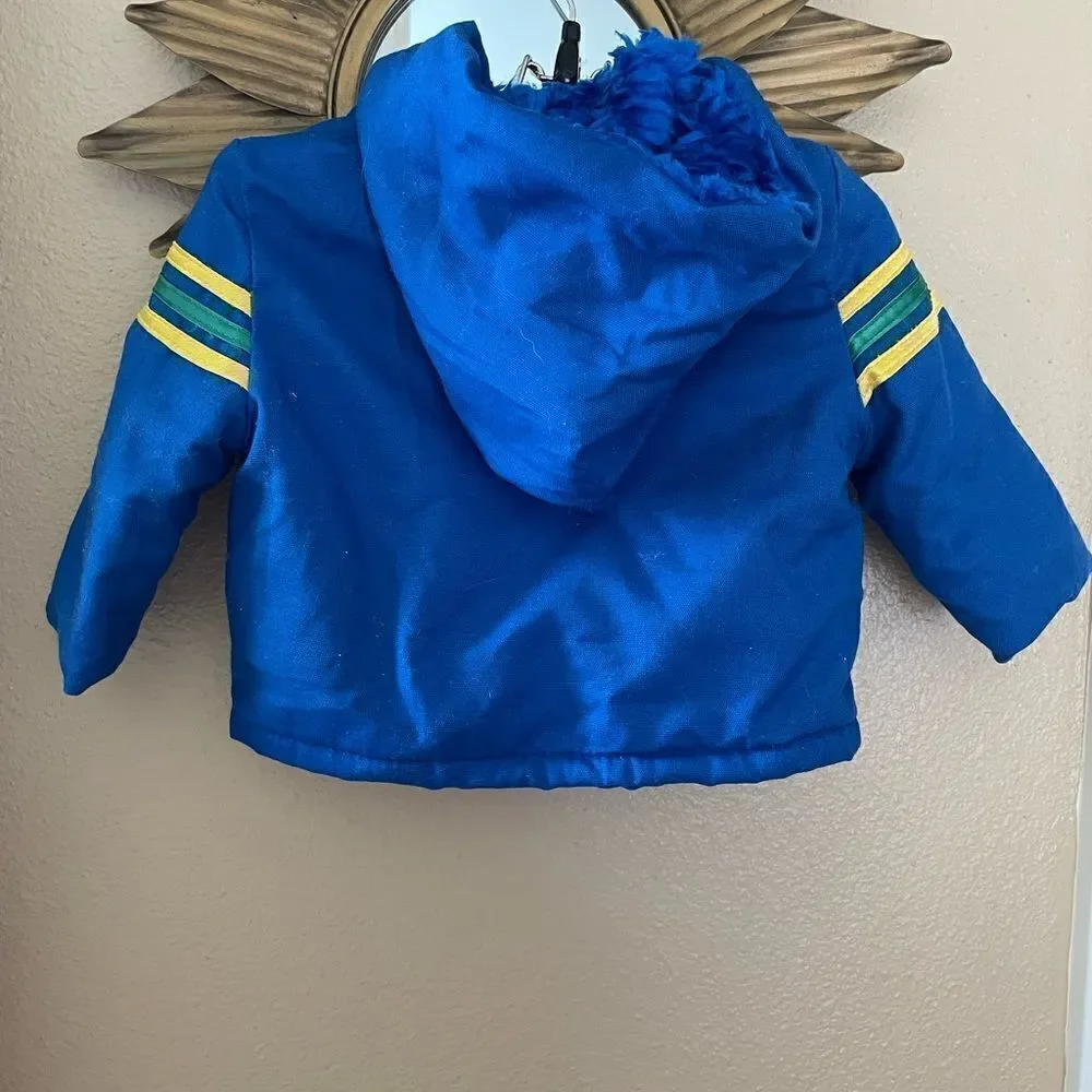 Kids Vintage 80’s Embroidered Frog Blue Hooded Fur lined Zip up Coat 12 mths