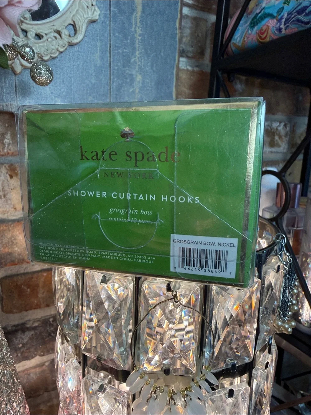 NEW in BOX ♠️ kate spade 12 Silver Grosgrain Bow Shower Curtain Hooks Curtains