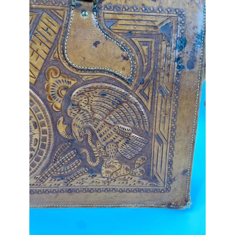 Vintage Mexican Hand Tooled Leather Briefcase - Aztec Sun Stone & Eagle - As-Is