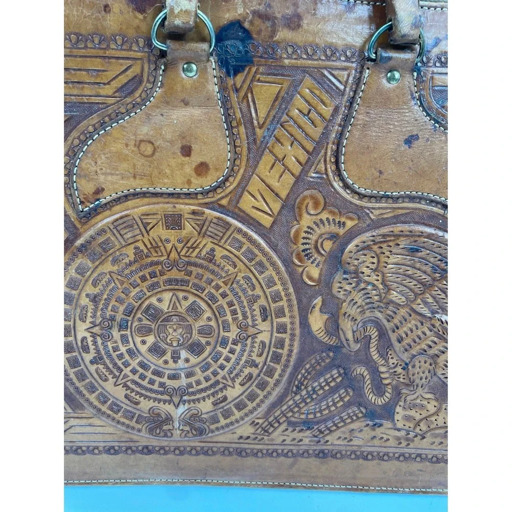 Vintage Mexican Hand Tooled Leather Briefcase - Aztec Sun Stone & Eagle - As-Is