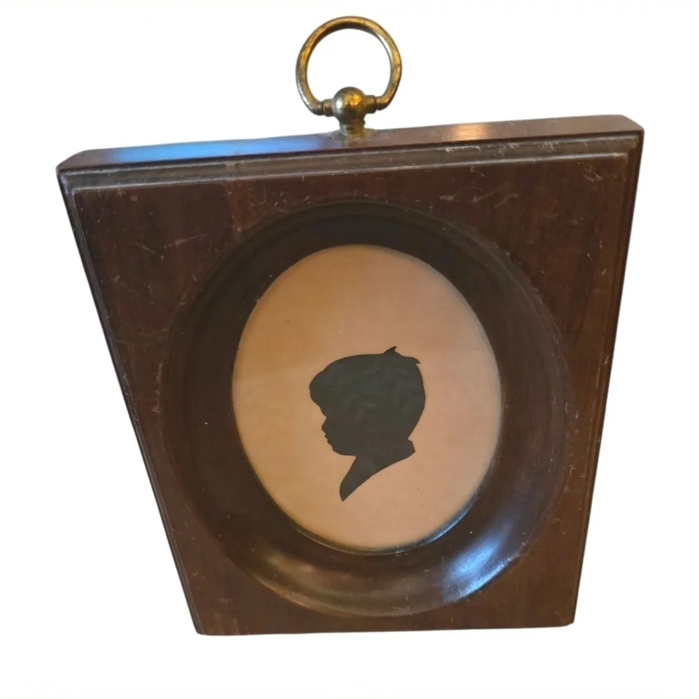 Vintage Child Silhouette Solid Cherry Wooden Frame Picture Farmhouse Decor Oval