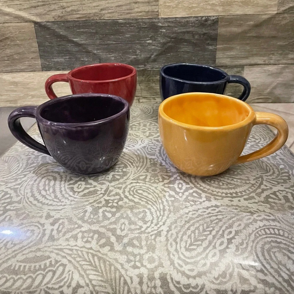 Pottery Barn Sausalito Mugs Set 4 Multi Color Red Blue Purple Yellow Stoneware