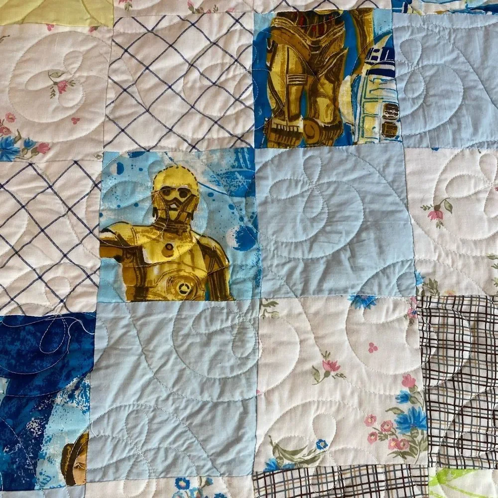 Handmade patchwork quilt with Starwars , gingham, floral , butterflies Queen