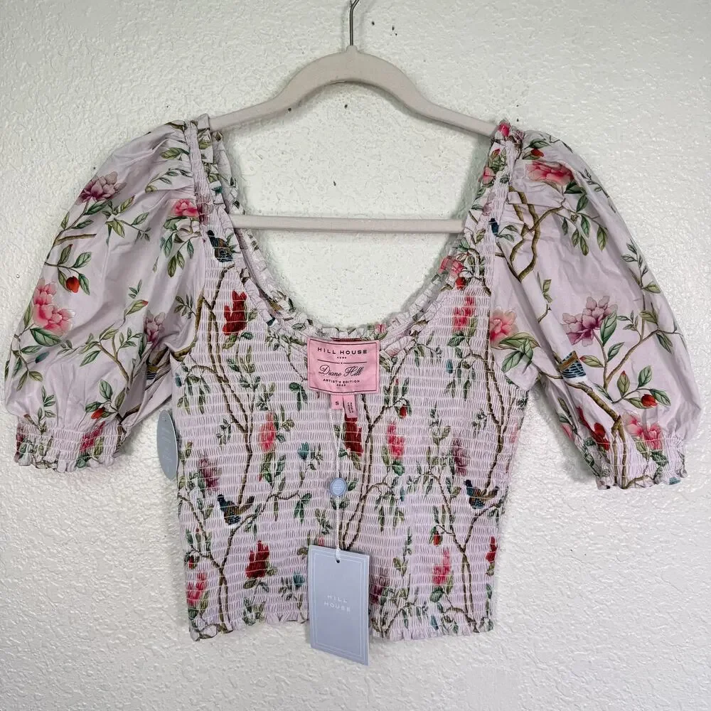 Hill House Diane Hill Top Womens Small Aiko Floral Crop Smocked Blouse Boho NEW
