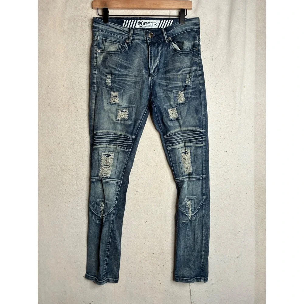RGSTR Mens Distressed Moto Biker Jeans Blue Denim Ribbed Knee Slim Fit Size 30