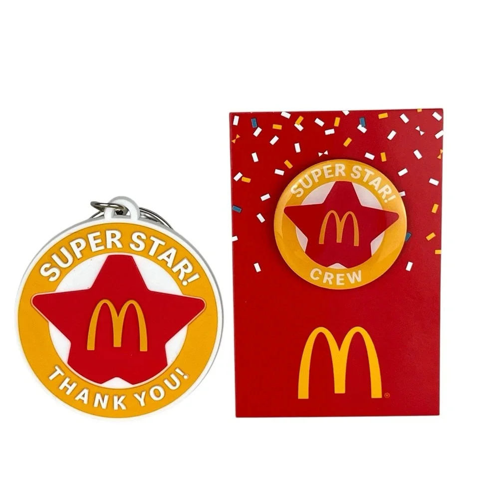 McDonalds Super Star Crew Set Lapel Pin & Keychain Promotion New‎ Rare Employee