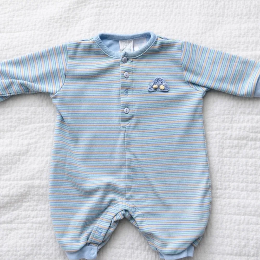 Cherokee Baby 0-3 mos Blue Striped Baby One-Piece Romper‎ Embroidered