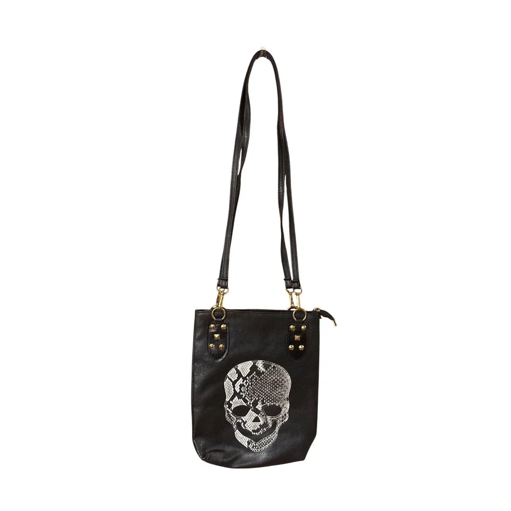 Black Faux Leather Skull Crossbody Bag Snakeskin Print‎ Gold Studded Messenger