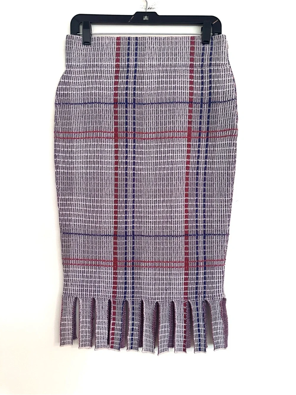 RHIÉ Merino Wool Fringe-Hem Plaid Pencil Skirt in Red Blue and Black Size Medium